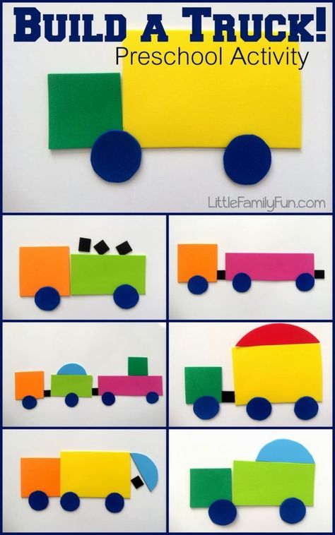 Build a shape truck, fun for transportation and construction themes in preschool and kindergarten. Compare and contrast in speech therapy too #transportationtheme  #preschool #constructiontheme Preschool Construction, Shapes Activity, Transportation Unit, Transportation Activities, Transportation Crafts, Transportation Preschool, Construction Activities, Shapes Preschool, Transportation Theme