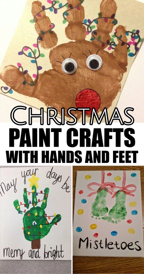 Christmas Paint Projects For Kids, Kids Hand Christmas Crafts, Hand And Feet Christmas Crafts, Kids Christmas Crafts Canvas, Christmas Craft With Handprints, Cute Toddler Christmas Crafts, Christmas Handprint Canvas Ideas, Kids Hand And Footprint Art Christmas, Christmas Handprint Crafts For Babies