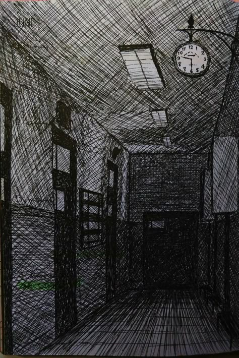 Horror Composition Drawing, Hospital Horror Art, Creepy Backgrounds Drawing, Creepy Room Drawing, Backroom Drawing, Creepy Hallway Drawing, Backrooms Drawing, Dark Room Drawing, School Hallway Drawing