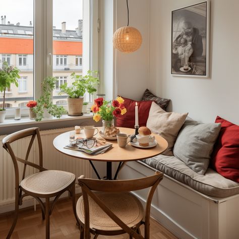 Kitchen Dining Small Space, Sofa In Small Kitchen, Dining Room Table In Small Space, Breakfast Space In Kitchen, Small Couch In Kitchen, Tiny Home Breakfast Nook, Breakfast Nook Lamp, Corner Eating Nook Small Spaces, Small Kitchen Table By Window