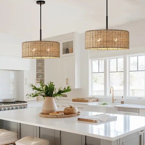 Rattan Pendant Light Hallway, Wicker Island Pendants, Farmhouse Kitchen Pendants, Seagrass Pendant Light, Wicker Pendant Light Kitchen, Coastal Farmhouse Lighting, Woven Lights, Dinning Room Light Fixture, Wicker Kitchen