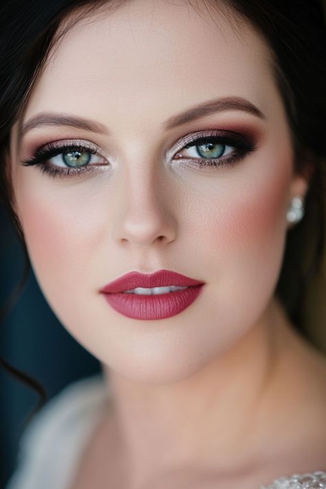 Woman with flawless makeup, defined eyebrows, and bold lipstick. Bride Makeup Dark Lips, Wedding Cat Eye Makeup, Smokey Eye Wedding Makeup Blue Eyes, Elegant Wedding Makeup Green Eyes, Bride Makeup With Glasses, Wedding Makeup Styles Brides, Classy Smokey Eye Makeup, Red Hair Wedding Makeup, Bride Makeup Smokey Eye