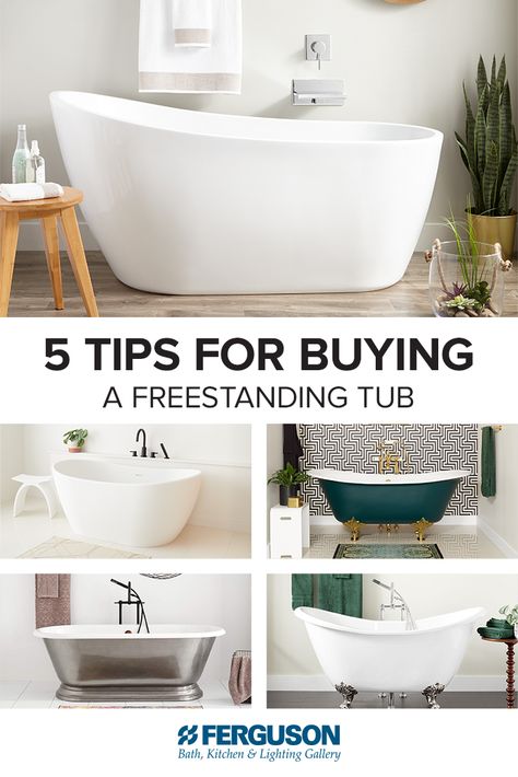 Looking for a new tub? Shop prepared with Signature Hardware's quick buying-guide, filled with five tips to consider when purchasing a freestanding tub. Bathroom Ideas Freestanding Tub, Freestanding Tub Next To Toilet, Best Freestanding Soaking Tubs, Free Standing Bath Tub With Wall Faucet, Bathroom Remodel Free Standing Tub, Small Bathrooms With Soaking Tubs, Bathroom Design Freestanding Tub, Freestanding Tub Faucet Placement, Faucets For Free Standing Tubs