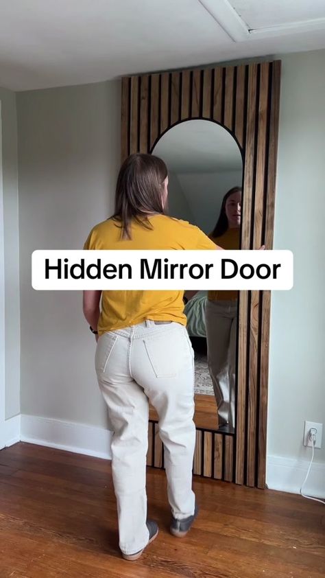 We made our closet into a hidden room using this sliding door idea! I ... | rachel martino | TikTok Unique Closet Door Alternatives, Hidden Half Door, Hidden Door Trim Wall, Hide Attic Door In Ceiling, Hidden Track Sliding Door, How To Hide A Door In A Bedroom, Murphy Door Closet, Mirror Barn Door Closet, Closet Door Ideas Mirror