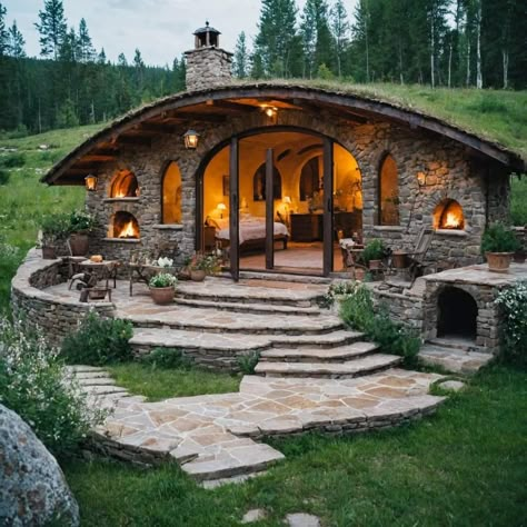 Stone Tiny House, Small Hobbit House, Hobbit Architecture, Underground Cabin, Hobbit Aesthetic Home, Hobbit House Plans, Casa Do Hobbit, Hobbit House Interior, Underground Home