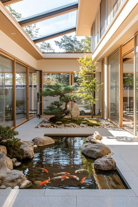 Modern japanese inner courtyard under a skylight roof with koi pond rocks and bonsai trees the house has large windows and shoji screen doors. Check out all of these Japanese courtyard houses that blend nature, minimalism, and tranquility to embrace full zen living. Courtyard Koi Pond, Courtyard Roof Design, Houses With Skylights, Zen Courtyard Ideas, Modern House Courtyard Design, Garden In The Middle Of The House, Japanese Atrium House, Dream House Japanese Style, House With Interior Courtyard