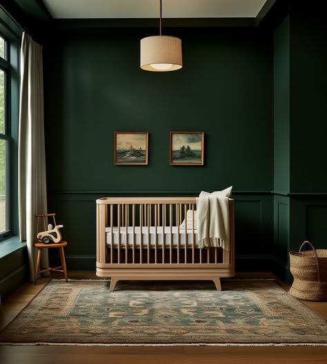 The dark green and panel molding add so much depth to the space, and the wood crib and decor bring warmth. The dark green and light wood combination also offers a bit of contrast and balance. Head to the blog to see the details Dark Earthy Nursery, Dark Gender Neutral Nursery, Dark Green And White Nursery, Navy Blue And Green Nursery, Green Ceiling Nursery, Green Wood Nursery, Dark Walls Nursery, Dark Color Nursery, Dark Green Nursery Accent Wall