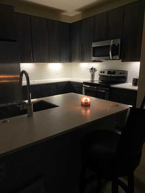 Condo Keys Aesthetic, Apartment Couples Bedroom, Small Nyc Apartment Aesthetic Kitchen, New Apartment Aesthetic Keys Black, Chill Apartment Vibes Kitchen, Men Kitchen Decor Ideas, Dark Apartment Decor, Small Condo Ideas, Man Apartment