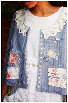 Swoon with Deb Hodge Events: Shabby Denim Jacket...... Shabby Chic Clothes, Repurposed Clothing, Altered Couture, Shirt Refashion, Altering Clothes, Denim Crafts, Upcycled Fashion, Denim And Lace, Upcycled Denim