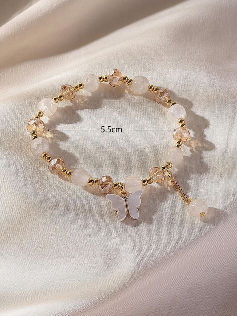 White Beaded Acrylic Butterfly Elastic Bracelet For Women, Clear Glass Beaded | eBay Cute Beaded Bracelets Diy, Glass Beaded Bracelets Aesthetic, Clear Bracelet Ideas, White Bead Bracelet Ideas, Knotted Bead Bracelet, Charm Bracelet Ideas Diy, Glass Beads Ideas, Glass Beaded Bracelets Diy, Beads Ideas Crafts