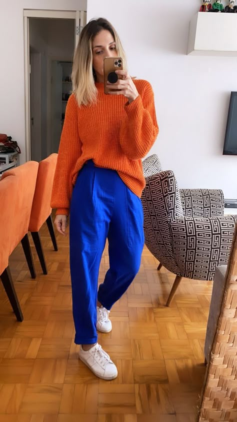 Orange Color Blocking Outfit, Colorful Casual Outfits Spring Summer, Bright Casual Outfits, Colorful Wardrobe Aesthetic, Royal Blue Trousers Outfit, Colorful Professional Outfits, Electric Blue Pants Outfit, Colorful Work Outfits Women, Casual Colorful Outfits