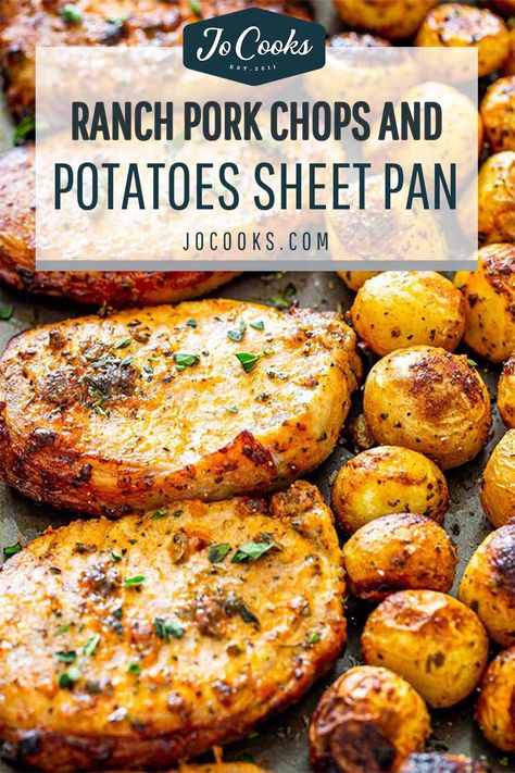 Ranch Pork Chops and Potatoes Sheet Pan Dinner, an easy dinner that is packed full of flavor. All you need is one sheet pan to get gorgeous ranch pork chops and perfectly roasted potatoes! #porkchops #ranch #sheetpandinner #recipe Ranch Pork Chops And Potatoes, Recipes Aesthetic, Oven Pork Chops, Pan Pork Chops, Ranch Pork Chops, Pork Chops And Potatoes, Easy Pork Chops, Pork Chop Recipes Baked, Pork Chop Dinner