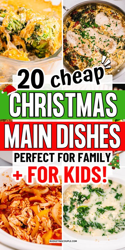 A Collage of Cheap Meals for Large Families That Are Budget Friendly Yet Festive and Christmas Dinner Buffet Recipes. Winter Family Meals Easy Recipes, Easy Christmas Meals For Two, Kid Friendly Christmas Meals, Christmas Meals Easy, Christmas Eve Dinner Ideas Kids, Christmas Eve Menu Ideas Simple, Family Christmas Meal Ideas, Cheap Christmas Dinner Ideas, Easy Christmas Day Meals