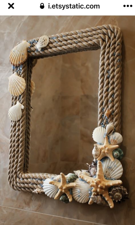 See Decoration Ideas, Bathroom Mirror Decor Ideas, Mirror Frame Color Ideas, Photo Phrame Idea, Beach Mirror Ideas, Decorative Frames Ideas, Handmade Mirror Frame Ideas, Wall Decor Mirror Ideas, Seashell Mirror Diy