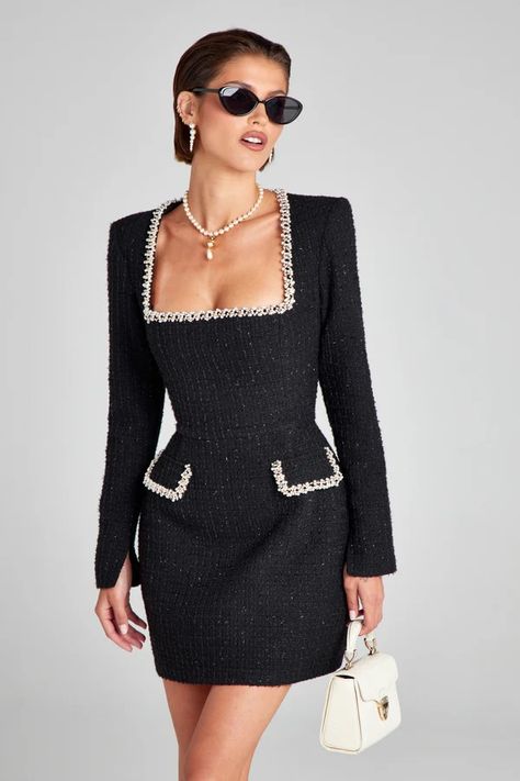 Natalie Black Dress – NADINE MERABI Classy Pearls Outfit, Chanel Style Dress, Chanel Inspired Dress, Black Dress And Pearls Outfit Classy, Chanel Inspo Outfit, Pearls With Black Dress, White And Black Dress Classy, Nadine Merabi Dresses, Black Dress With White Pearls