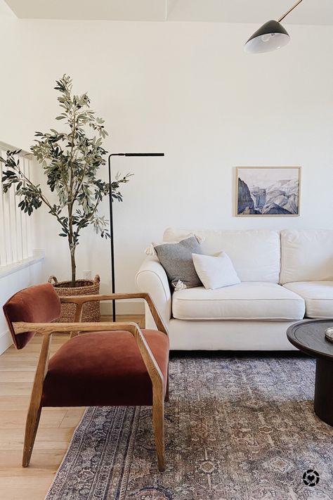 Warm Olive Green + Rust, California Casual, Parisian Living Room. Loving the combination of the white sofa, vintage inspired rug with olive green tones, and the cinnamon rust chairs! And of course, the olive tree! Design by Peggy Haddad Interiors. Follow me in the @LIKEtoKNOW.it shopping app to shop this post and get my exclusive app-only content! #liketkit #LTKhome #LTKunder100 #stayhomewithltk Living Room Decor With White Sofa, Rust Chairs Living Room, Living Room Vintage Rug, Sofa And Rug Combination, Green Sofa With Accent Chairs, Parisian Rug Living Rooms, Rust Accent Living Room, Living Room Rug Designs, White Sofa With Rug