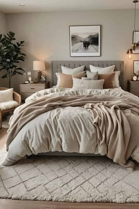 Gray White Tan Bedroom, Sand Colored Bedding, Tan Gray And White Bedroom, Relaxing Neutral Bedroom, Cozy King Size Bedroom Ideas, Neutral Couples Bedroom, Grey And Beige Bedding, Grey And Tan Bedroom Ideas, Bed Rooms Modern