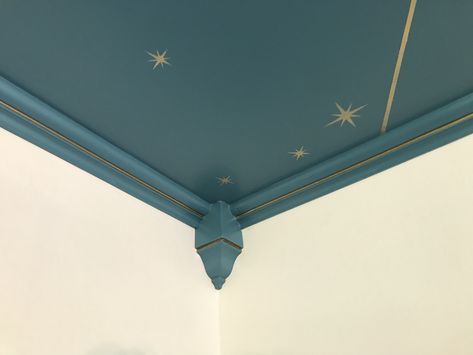 Blue, gold, turquoise, teal, stars, ceiling, crown molding, Star Ceiling Hallway, Gold Crown Molding Ceilings, Painted Star Ceiling Bedroom, Gold Leaf Star Ceiling, Decorative Crown Molding, Cloud Ceiling Ideas, Crown Molding Wallpaper, Painted Ceiling Stars, Gold Stars On Ceiling