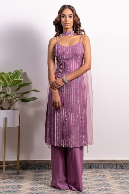 Buy Purple Georgette Embroidery Pearl Round Strappy Kurta Pant Set For Women by Silky Bindra Online at Aza Fashions. Net Straight Kurti Designs, Kurti Ideas For Wedding, Sleeveless Kurti Pants Design, Sleeveless Straight Kurti Designs, Net Embroidery Kurti Design, Straight Fit Kurti Designs, Straight Kurti Designs Party Wear, Kurta Designs Women Sleeveless, Netted Kurti Designs