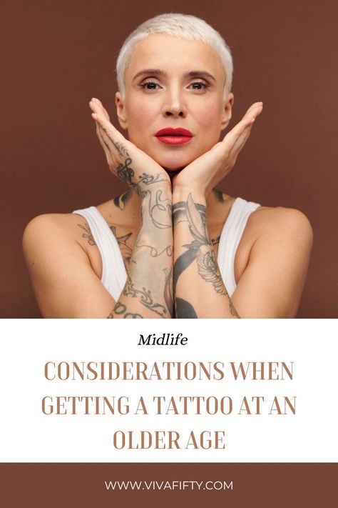 Getting a tattoo is a very personal decision at any age, but having new ink when you’re older has its own special considerations. Aged Fineline Tattoo, Tattoo Placement For Older Women, Tattoos For Older Women, Aged Tattoo, Older Women With Tattoos, Old Women With Tattoos, Celebrity Tattoos Women, 70 Year Old Women, Places For Tattoos