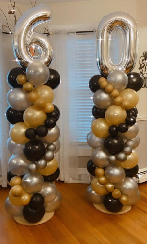 Birthday Balloon Columns 60th Bday Theme Ideas, Birthday 60 Men Decoration, Balloon Arch 60th Birthday, 60 Ballon Decoration, Black Gold Silver Balloon Columns, 71st Birthday Party Ideas Mom, Aged To Perfection Balloon Garland, 60th Birthday Balloon Ideas, 60 Birthday Balloons