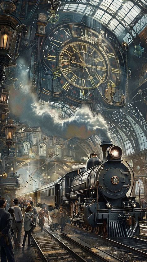 Trains Fantasy Art, Steam Punk Background, Snowy Train Station, Steampunk Dark Academia, Old Trains Steam Locomotive, Time Machine Drawing, Steampunk Iphone Wallpaper, Steam Punk Train, Steampunk Train Station