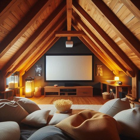 Attic Room Attic Lounge Ideas Living Rooms, Attic Seating Ideas, Attic Snug Room Ideas, Attic Projector Room, Attic Snug Ideas, Attic With Slanted Ceiling, Attic Entertainment Room Ideas, Attic Space Renovation, Loft Hang Out Room Ideas