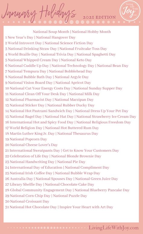 National Celebration Days, National Holiday Calendar, Monthly Holidays, January Holidays, College Journal, Funny Holidays, World Braille Day, Silly Holidays, Morning Announcements