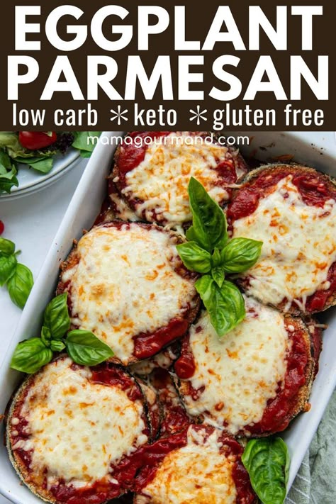 Low Carb and Gluten-Free Eggplant Parmesan keeps the comforting taste, but leaves out the hassle! Eggplant is breaded in almond flour and parmesan for a keto-friendly recipe everyone will love! Keto Eggplant Parmesan, Gluten Free Eggplant Parmesan, Keto Eggplant, Keto And Gluten Free, Easy Low Carb Meals, Low Carb Low Fat Recipes, Best Low Carb Recipes, Eggplant Parmesan, Low Sugar Recipes