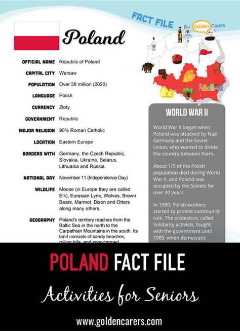 Poland Fact File: An attractive one-page fact file all about Poland. Print, distribute and discuss! Poland World Thinking Day, Poland School Project, Germany Facts For Kids, Poland Traditions, Poland Facts, Culture Fair, Poland Poster, Poland Trip, Polish School