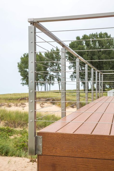 Waterfront Stainless Steel Cable Railing - Viewrail Cable Railing Diy, Modern Staircase Railing, Stainless Steel Stair Railing, Steel Cable Railing, Steel Stair Railing, Modern Staircases, Stainless Steel Balustrade, Steel Railing Design, Stainless Steel Cable Railing