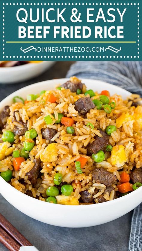 This beef fried rice is cubes of marinated steak cooked with eggs, vegetables and rice in a savory sauce. A quick and easy dinner option that tastes like it came from a restaurant! Beef Fried Rice Recipe, Vegetables And Rice, Beef Fried Rice, Vegetarian Stir Fry, Steak And Rice, Easy Dinner Options, Fried Rice Recipe Easy, Fried Rice With Egg, Easy Steak