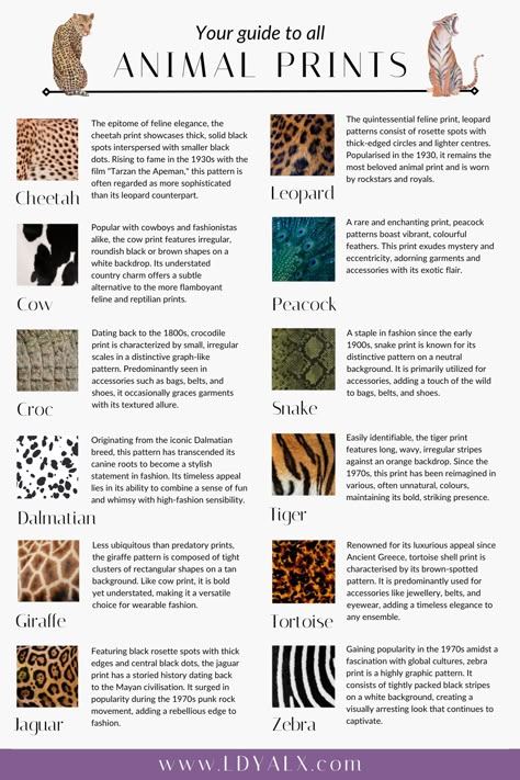 Which animal print is your favourite? If leopard print isn't for you, don't disregard animal print completely, there are so many to choose from that can help you add more personality to your wardrobe Different Animal Prints, Leopard Print Color Combos, Pattern Vocabulary, Animal Print Illustration, Water Textiles, Diy Leopard Print, Become Interesting, Animal Coverings, Animal Print Aesthetic