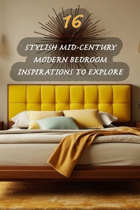 I absolutely love how this mid-century modern bedroom blends vibrant colors with a cozy feel. The combination of the mustard yellow headboard and soft bedding creates a warm, inviting atmosphere that’s perfect for relaxation. This is a perfect example of how mid-century design can be both stylish and functional, ideal for anyone looking to refresh their bedroom space. Mustard Headboard Bedroom Ideas, Mid Century Modern Headboard Diy, 70s Headboard, 1960 Bedroom, Mustard Headboard, 70s Interior Design Mid Century Modern, Mustard Yellow Bedding, Mid Century Modern Headboard, Yellow Headboard