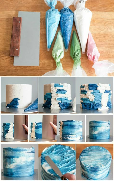 Blue Birthday Cakes, Buttercream Cake Decorating, Beach Cakes, Creative Cake Decorating, Cake Decorating Frosting, Beautiful Birthday Cakes, Simple Birthday Cake, Easy Cake Decorating, Cake Decorating Videos