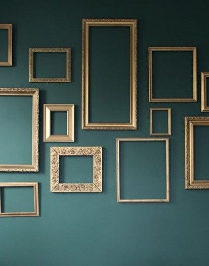 Gold Picture Frames On Green Wall, Gold And Green Aesthetic Vintage, Dark Green Wall Gold Frames, Brass Photo Frame Wall, Gold Frames On Green Wall, Golden Picture Frames On The Wall, Picture Wall Ideas Gold Frames, Black Green Gold Aesthetic, Green Wall With Gold Frames