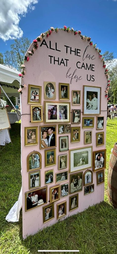 Wedding Crazy Ideas, Meet The Wedding Party, Outside Wedding Ideas Receptions, Subtle Wedding Decor, Wedding Idea For Lost Loved Ones, Wedding Picture Display At Reception Entrance, Wedding Party Ideas Decoration, Fun Small Wedding Ideas, Wedding Arrival Ideas