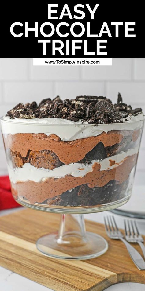 This easy chocolate trifle recipe is quick to make and beautiful to look at! Layers of brownies, instant chocolate pudding, Cool Whip, and Oreos make this the perfect dessert we all need for special occasions and holidays! Brownie Trifle Desserts, Easy Chocolate Trifle, Chocolate Brownie Trifle, Brownie Truffles Recipe, Chocolate Trifle Recipe, Chocolate Trifle Desserts, Brownie Trifle Recipe, Chocolate Layer Dessert, Trifle Recipes Easy