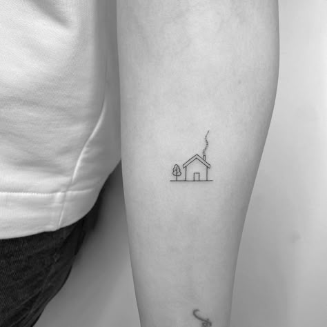 Minimalistic House Tattoo, Tiny House Tattoo Simple, Simple Home Tattoo, Small Home Tattoos, Small House Tattoo Simple, Mini House Tattoo, Tattoo Of House, Simple House Tattoo, Such A Pretty House Tattoo