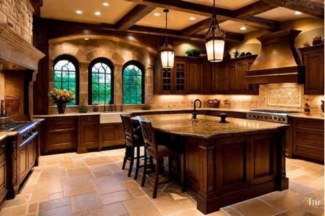 Luxurious kitchen with wood cabinets, large island, stone tile flooring, and arched windows. Mediterranean Style Kitchen Tuscan Decor, Tuscan Style Homes 2000s, Tuscan Apartment Decor, Italian Style Kitchen Tuscany, 2000s Tuscan Kitchen, Tuscan House Interior Design, 2000s Tuscan Home, Tuscan House 2000s, Modern Tuscan Home Interiors