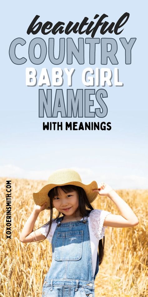 cute little girl with overalls and cowboy hat in wheat field and title beautiful country baby girl names and  meanings Girl Names Southern, Country Baby Girl Names, Irish Baby Boy Names, Irish Baby Girl Names, Girl Names And Meanings, Southern Girl Names, Country Girl Names, Pretty Girl Names