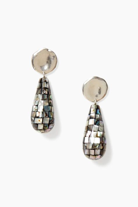 A true statement earring, our Siren Drops feature mosaic abalone teardrops suspended from silver coins.Sterling silver, abalone mosaic teardrops.1 3/4" drop.Handmade in Vietnam. Silver Stone Jewellery, Beaded Pearl Drop Earrings, 90s Jewelry Trends, Oyster Earrings, Silver Statement Jewelry, Pewter Earrings, Abalone Jewelry, Pewter Jewelry, Dope Jewelry