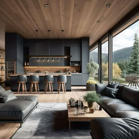 Black And Timber Living Room, Cold Interior Design, Living Room Black And Wood, Black And Wood Interior Design, Black And Wood Living Room, Modern Cabin Kitchen, Mountain House Interior, Scandinavian House Design, Modern Mountain Cabin