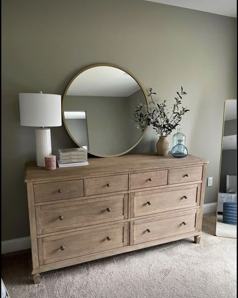 Wood Dresser Styling, Bedroom Wall Above Dresser, Bedrooms With Natural Wood Furniture, Main Bedroom Dresser Decor, Clothing Dresser Ideas, Beige Dresser Decor, Y’all Dresser Decor, Dresser Farmhouse Decor, Neutral Bedroom With Wood Furniture