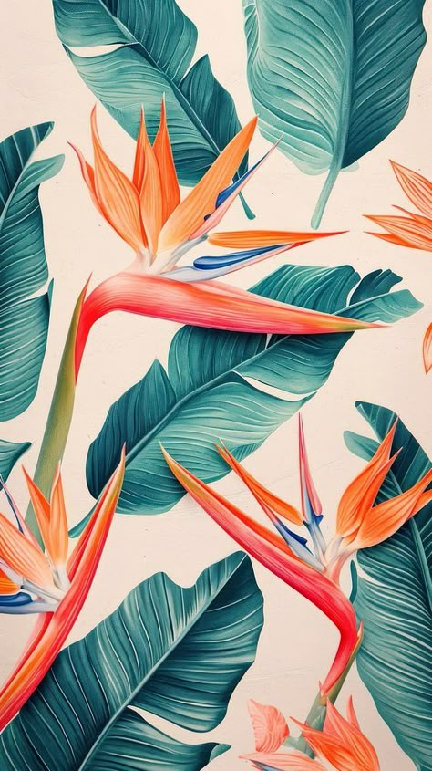 Bird Of Paradise Drawing, Bird Of Paradise Wallpaper, Bird Of Paradise Illustration, Palm Print Wallpaper, Colorful Fabric Patterns, Tropical Prints Pattern, Toucan Art, Paradise Wallpaper, Tropical Art Print