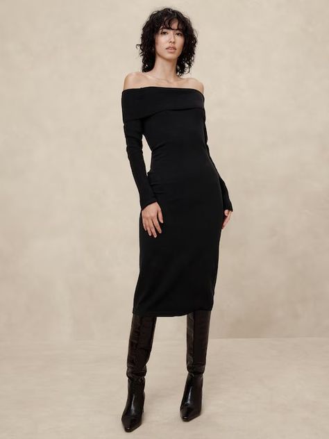 Women's Dresses | Banana Republic Factory Midi Dress Boots, Essential Dresses, Black Midi Sweater Dress, Black Slim Dress, Outrageous Fashion, Banana Republic Women Dress, Dresses Off Shoulder, Fall Sweater Dress, Midi Sweater Dress