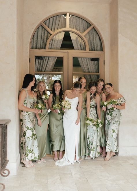 Mismatched Green Bridesmaid Dresses, Mix Match Bridesmaids, Sage Bridesmaid Dresses, Sage Green Bridesmaid Dress, Floral Bridesmaid Dresses, Bridesmaid Colors, Sage Wedding, Mismatched Bridesmaids, Floral Bridesmaid