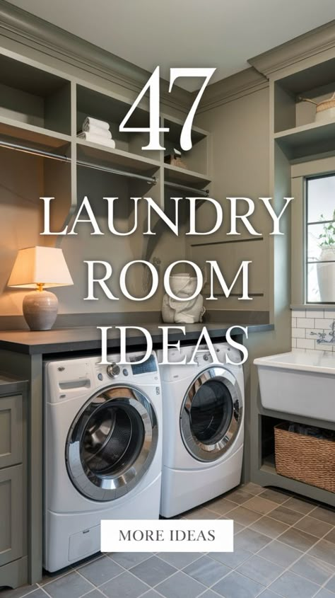 Elevate your laundry room with these 47 inspiring ideas! From chic storage cabinets and stylish countertops to sleek appliances and modern farmhouse touches, find the perfect combination of style and practicality for your laundry space. Perfect for any home decor style, whether contemporary, rustic, or minimalist. #LaundryRoomDesign #HomeDecorInspo #LaundryRoomIdeas #OrganizationTips #LaundryMakeover #FunctionalSpaces Clothes Washing Area Ideas, Laundry Room Vanity With Sink, Laundry Room With Ironing Board, Scullery Ideas Layout Laundry Rooms, Linen Closet In Laundry Room, Laundry Cabinets Ideas, Laundry Room With Dark Cabinets, Laundry Room Island Ideas, Laundry Room With Broom Closet