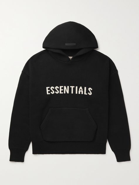 Fear of God Essentials' hoodie is cut from soft cotton-blend in an oversized, dropped-shoulder shape. The brand's logo is both intarsia-knitted across the front and appliquéd discreetly on the peak of the hood. Black Hoodie Essentials, Essentials Hoodie Knit, Black Hoodie Aesthetic, Ada Hoodie, Outfit Ideas Shirt, Essentials Sweater, Shirt Outfit Ideas, Best Hoodie, Shirt Design Ideas