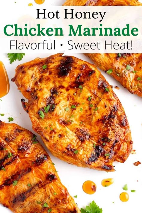 For an exciting new dinner idea, give this Hot Honey Chicken Marinade Recipe a try! It combines honey for sweetness, cayenne pepper for heat, and other spices for depth, making your grilled chicken juicy and delicious. With just 10 minutes of hands-on time, this easy marinade is perfect for any meal. Chicken Marinade For Stove Top, Honey Chicken Grilled, Chicken Honey Marinade, Honey Mustard Chicken Sides, Chicken Marinade With Honey, Chicken Hot Honey Recipe, Hot Honey Glazed Chicken, Sweet And Spicy Chicken Marinade, Spicy Chicken Marinade For The Grill